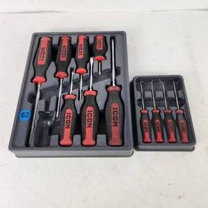 lot 62 image: Set Of Four ICON Picks And Set Of Seven ICON Screwdrivers Philips And Flat Great Condition