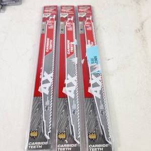 lot 74 image: Lot Of Three New Packs Of  Milwaukee Sawzall Blades Carbide Teeth 48-00-5227