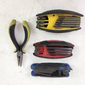 lot 90 image: Lot Of Three Foldable Allen Wrenches And Needle Nose Pliers