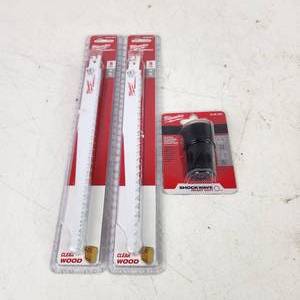 lot 95 image: Lot Of Two New Milwaukee Sawzall Blade 5 Packs And Milwaukee Quick Change Impact Adapter 48-66-0061