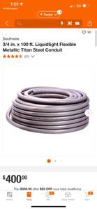Southwire 34 x 100 Liquidtight Flexible Metallic Titan Steel Conduit (New) (Retails at $400)