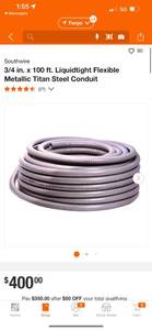 Southwire 34 x 100 Liquidtight Flexible Metallic Titan Steel Conduit (New) (Retails at $400)