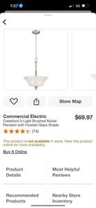 Commercial Electric Creekford 3-Light Brushed Nickel Pendant with Frosted Glass Shade ($69.97 retail value) Great for eBay sellers