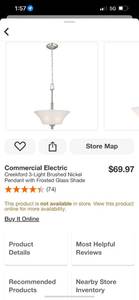 Commercial Electric Creekford 3-Light Brushed Nickel Pendant with Frosted Glass Shade ($69.97 retail value) Great for eBay sellers