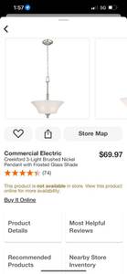 Commercial Electric Creekford 3-Light Brushed Nickel Pendant with Frosted Glass Shade ($69.97 retail value) Great for eBay sellers