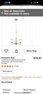 Hampton Bay Creekford 3-Light Brushed Nickel Chandelier with Frosted Glass Shades (Retail $79.97) Great for eBay sellers