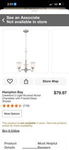 Hampton Bay Creekford 3-Light Brushed Nickel Chandelier with Frosted Glass Shades (Retail $79.97) Great for eBay sellers