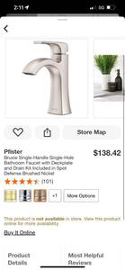 Pfister Bruxie Singel Handle Single Hole Bathroom Faucet Brushed Nickel ($138 retail value)