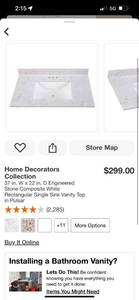 Home Decorators Collection 37 In. W x 22 In D Engineered Stone Composit White Rectangular Single Sink Vanity Top IN Pulsar ($299 Retail Value)