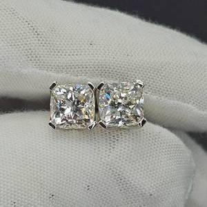 NEW 5 Carat Diamond Brilliant Cushion Cut Solitaire Stud Earrings in 14k White Gold $7,500 Retail