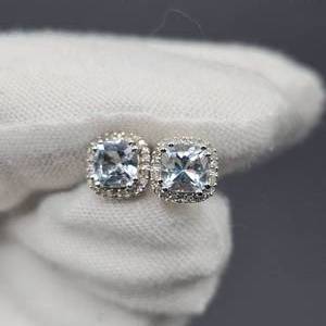Aquamarine & Diamond Halo Cushion Stud Earrings in White Gold