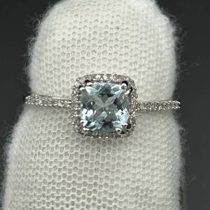 Cushion Aquamarine & Diamond Halo Basket Ring in White Gold