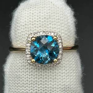 New Blue Topaz & Diamond Halo Cathedral Basket Ring in Yellow Gold