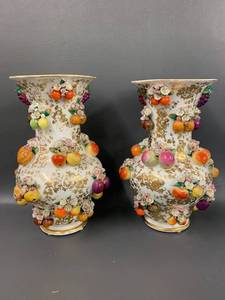 lot 7 image: 12H Ornate Porcelain Fruit Relief Vases with Crossed Swords Mark on Base