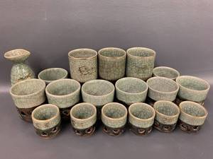 lot 16 image: Somayaki Ware Crackle Glaze Double Wall Japanese Tea Service Pieces