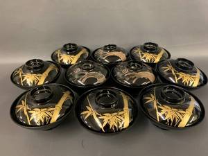 lot 21 image: Exquisite Japanese Lacquered Style Soup Bowls Set of 10 Bamboo Design