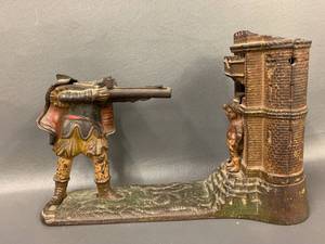 lot 25 image: Antique 1896 William Tell Cast Iron Mechanical Bank Collectible Non-functional