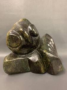 lot 51 image: Modernist Handcrafted Dark Green Stone Sculpture of an Owl