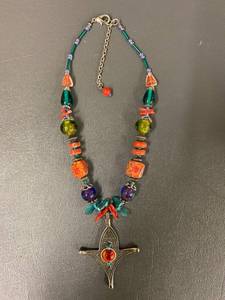 lot 33B image: Artisan Beaded Necklace with Tribal Metal Pendant