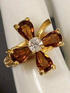 lot 35B image: Elegant 18k Electroplate Floral Ring with Amber Stones and Central Gem
