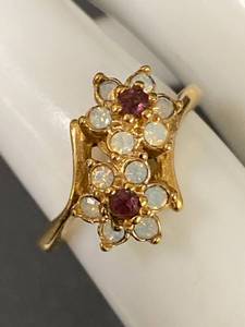 lot 39B image: Vintage 18k Gold Electroplate Ring with Opal and Ruby Gemstone Floral Design
