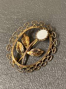 lot 49B image: Vintage Gold Tone Sterling Floral Brooch with Opal Stone Intricate Design