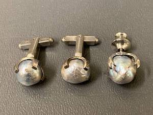lot 50B image: Vintage Sterling Silver Cufflinks Tie Tack Set with Baroque Pearls
