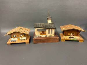 lot 101B image: Vintage Alpine Village Wooden Music Boxes Set of 3