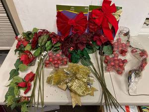 lot 44J image: Christmas Decor Lot Bows, Poinsettias, Red Gold Ornaments
