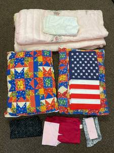 lot 46J image: Vibrant Quilted Cushions and Floral Quilt Set with Assorted Fabrics