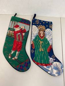 lot 26E image: Needlepoint Christmas Stockings Angel and Santa Golfing