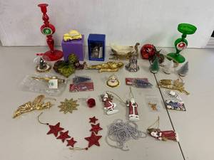 lot 34E image: Vintage Christmas Ornaments Lot with Candlesticks, Trees, Bells, and Gold Accents
