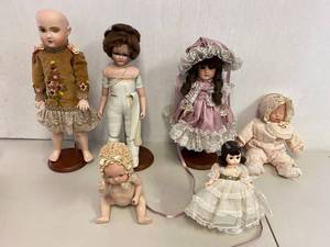 lot 38E image: Vintage Porcelain Doll Collection - Diverse Antique Style Dolls Set