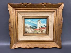 lot 65E image: Artist Signed Lighthouse Oil Painting in Carved Wood Frame