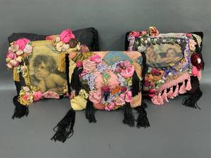 lot 68 image: Vintage Cherub Embroidered Pillows - Decorative Set