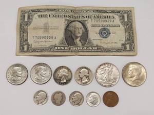 lot 90E image: Vintage 1957 Silver Certificate & Assorted U.S. Silver Coins Lot
