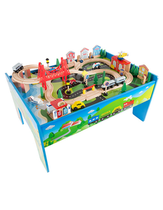 lot 51 image: HeyPlay 75-Pc. Deluxe Wooden Train Set Table