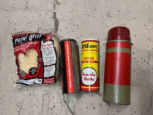 Vintage Thermos, Tennis Balls, and Paint Mit