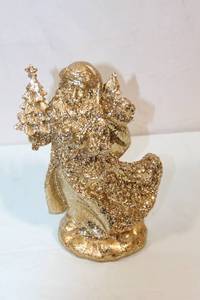 lot 3 image: Glittery Gold Santa Claus Figurine with Toy Bag and Christmas Tree
