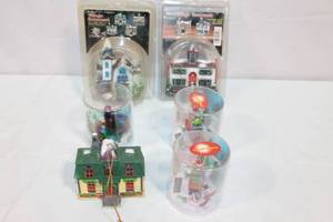 lot 5 image: Set of 2 Village Ornament Decorations and 3 Snow Globes