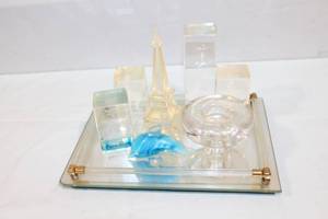 lot 26 image: Set of 8 Acrylic Carvings and Decor Items with Glass Tray