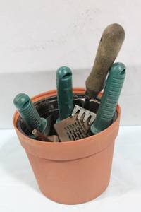 lot 33 image: Collection of 8 Garden Hand Tools with Planter Pot