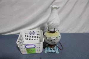 lot 48 image: Vintage Floral Glass Hurricane Lamp and Storage Basket