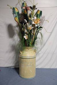 lot 52 image: Vintage Cream Milk Can with Artificial Floral Arrangement