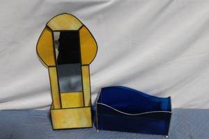 lot 53 image: Stained Glass Yellow Vanity Mirror and Blue Rectangular Tray Set