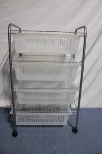 lot 57 image: 5-Tier Plastic Rolling Storage Cart with Metal Frame