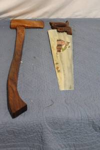 lot 60 image: Vintage Decorative Hand Saw and Wooden Handled Axe