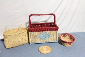 lot 65 image: Set of 3 Handwoven Baskets with Red, Blue, and Natural Designs