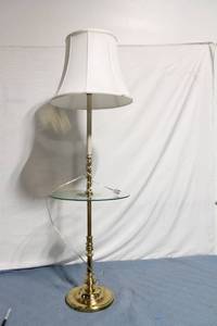 lot 69 image: Brass Floor Lamp with Glass Shelf and White Shade