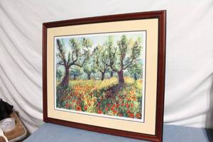 lot 84 image: Framed Landscape Painting by Poey - 2000, Featuring Trees and Poppies